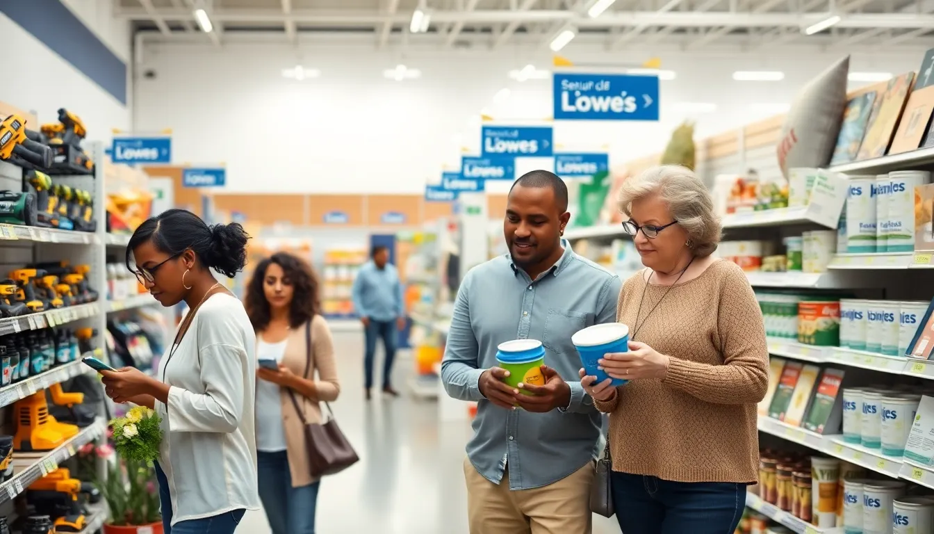 customers shopping in a well-organized Lowe's Home Improvement store.
