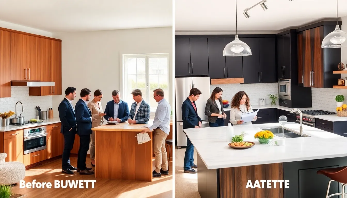 modern kitchen remodel featuring a diverse team discussing design elements.