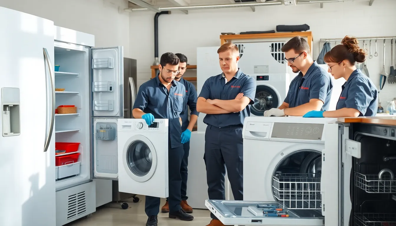 technicians repairing home appliances in a modern workshop.