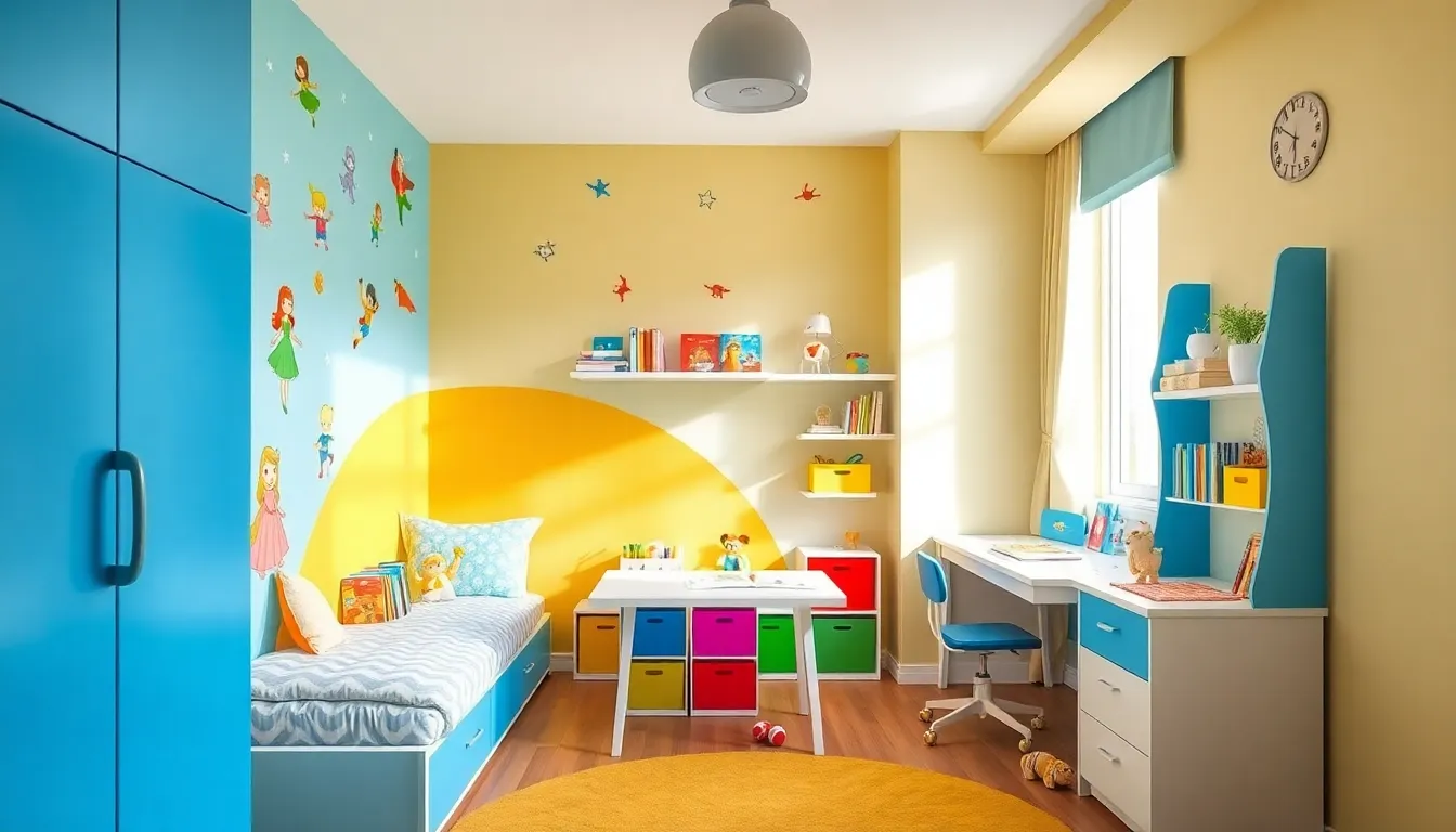 colorful children's bedroom with playful decor and organized storage